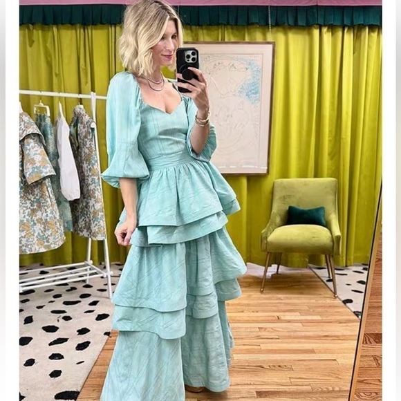 Buru Sweetheart Neck Balloon Sleeve Stripe Smocked Bustier Crop Top NWT Aqua - Picture 4 of 16